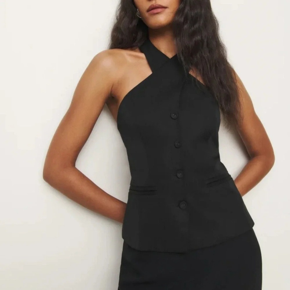 Reformation | Tate 100% Linen Halter Button Vest Top in Black | size 6